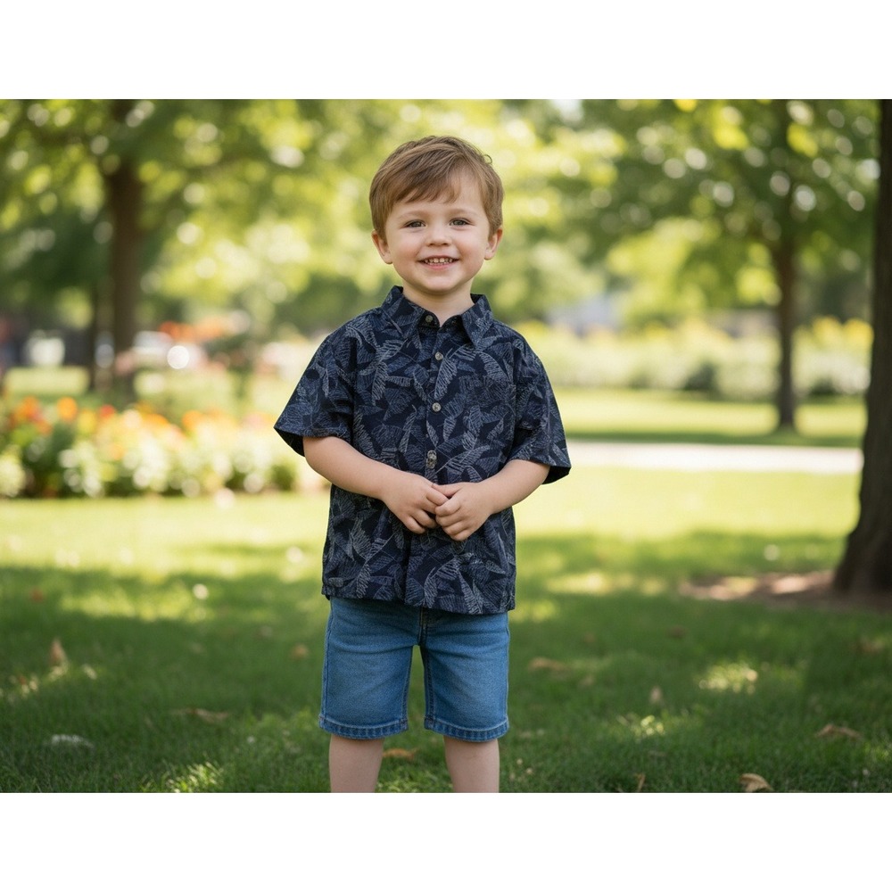 Izod Boys Navy Blue Tropical Leaf‎ Print Short Sleeve Button Down Shirt 7X